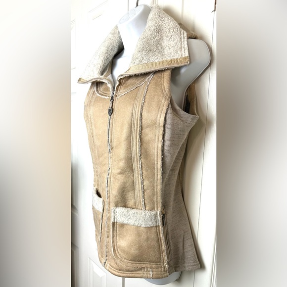 KUHL Dani Sherpa Vest Jacket Coat Almond Tan Brown Beige Faux Leather Wool Sides - Picture 3 of 15